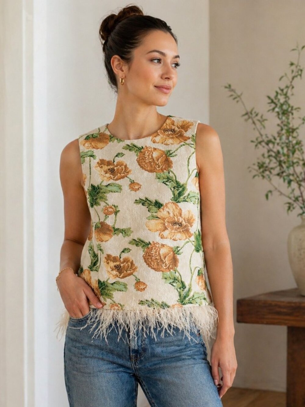 FORE Floral Jacquard Feather Trim Top Sample NWT
